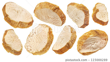 Smoked chicken breast slices isolated on white background with clipping path, falling salad ingredient, full depth of field Smoked chicken breast slices isolated on white background with clipping path, falling salad ingredient, full depth of field 115000289