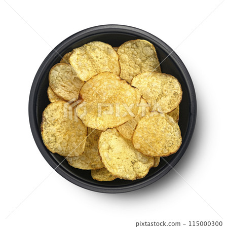 Homemade kettle potato chips in black bowl isolated on white background, top view Homemade kettle potato chips in black bowl isolated on white background, top view 115000300