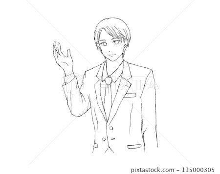 Line drawing of a man in a suit giving directions 115000305