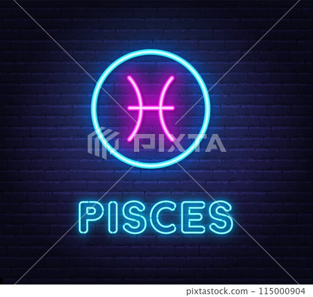 Neon Pisces Sign on brick wall background. 115000904