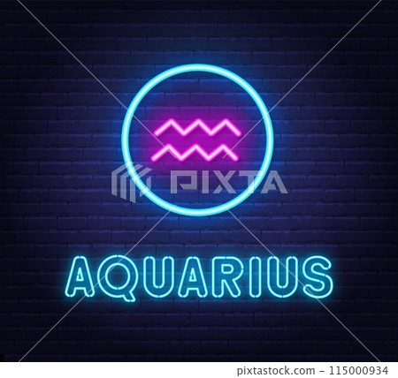 Neon Aquarius Sign on brick wall background. Neon Aquarius Sign on brick wall background. 115000934