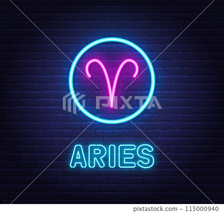 Neon Aries Sign on brick wall background. 115000940