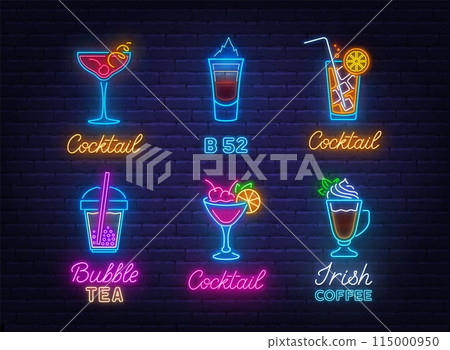 Cocktail Neon Sign Set on brick wall  background. 115000950