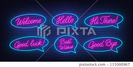 Welcome, Hello, Hi There, Good Luck, Best Wishes, Good Bye Neon Script Quotes on brick wall background. Welcome, Hello, Hi There, Good Luck, Best Wishes, Good Bye Neon Script Quotes on brick wall background. 115000967