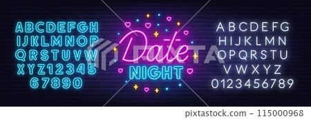 Date Night Neon Sign on brick wall background. Date Night Neon Sign on brick wall background. 115000968