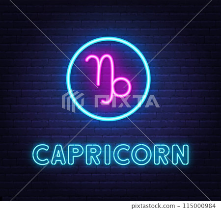 Neon Capricorn Sign on brick wall background. Neon Capricorn Sign on brick wall background. 115000984