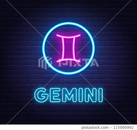 Neon Gemini Sign on brick wall background. Neon Gemini Sign on brick wall background. 115000992