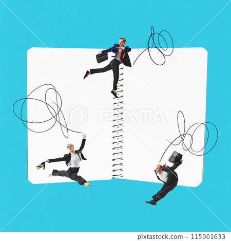 Contemporary art collage. Young people working and discussing business growth plan against background with notebook. Contemporary art collage. Young people working and discussing business growth plan against background with notebook. 115001633