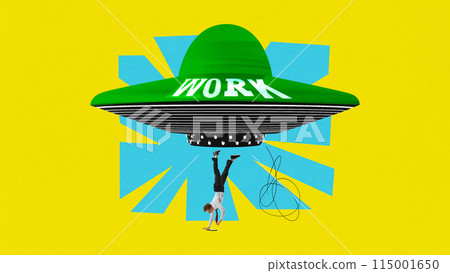 Contemporary art collage. Young man in formal attire want to rest but huge UFO with inscription work pulls in him. Contemporary art collage. Young man in formal attire want to rest but huge UFO with inscription work pulls in him. 115001650