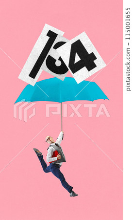 Contemporary art collage. Young man in formal attire flying with umbrella and huge number of work tasks. Concept of deadlines. Contemporary art collage. Young man in formal attire flying with umbrella and huge number of work tasks. Concept of deadlines. 115001655