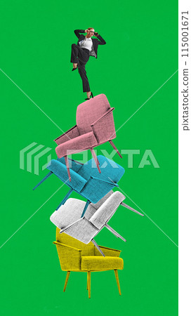 Contemporary art collage. Woman, office worker stands on pyramid of colorful chairs against green background. Work life balance. 115001671