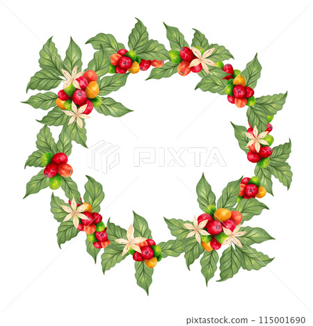 Coffee wreath with beans and flower, leaves. Watercolor illustration. Botanical frame of ripening berries. Coffee day. Hand drawn isolated art. Aroma of Robusta and Arabica varieties. Natural style 115001690