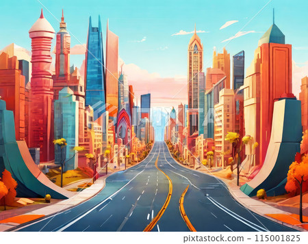 Whimsical city road panorama. Colorful illustration of futuristic city. Whimsical city road panorama. Colorful illustration of futuristic city. 115001825
