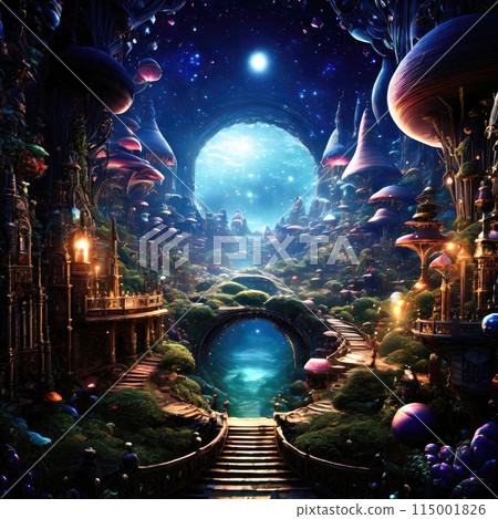 Magical whimsical world with mysterious atmosphere. Colorful illustration. 115001826