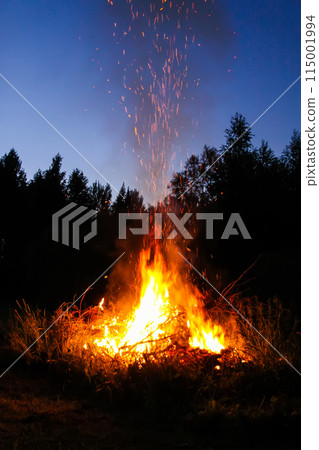 Bonfire outdoors at night. Bonfire outdoors at night. 115001994