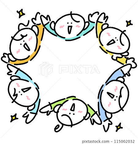 微笑的人們站成一圈，抬頭，形成一個圓圈，手繪插畫 115002032