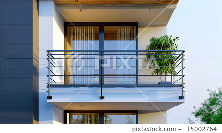 別緻的城市陽台,配有玻璃欄桿、盆栽綠色植物和簡約的裝飾 別緻的城市陽台,配有玻璃欄桿、盆栽綠色植物和簡約的裝飾 115002764