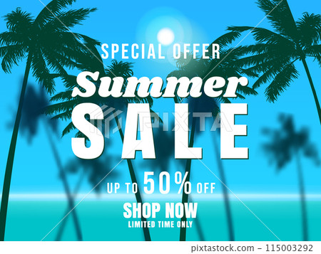 Summer Sale banner template. Palms, sun, sky, tropical ocean summer scene 115003292