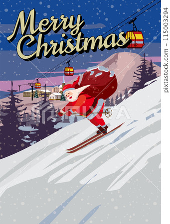 Santa Claus skiing in snow mountains with a sack full gifts, travel poste Santa Claus skiing in snow mountains with a sack full gifts, travel poste 115003294