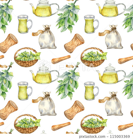 Utensils mortar, glass teapot with herb tea and nettle watercolor seamless pattern isolated on white. Herb sachet and straw basket with medicinal plants hand drawn. Design for textile, wrapping 115003369