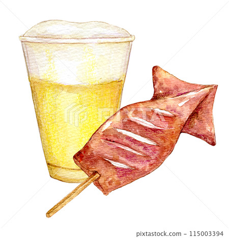 Watercolor illustration: Street food: Draft beer and grilled squid 115003394