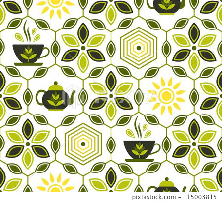 Seamless geometric pattern with icons of Green Tea, leaves, hot mug, teapot, sun in hexagonal grid. Retro simple style. For branding, decoration of food package, kitchen textile 115003815