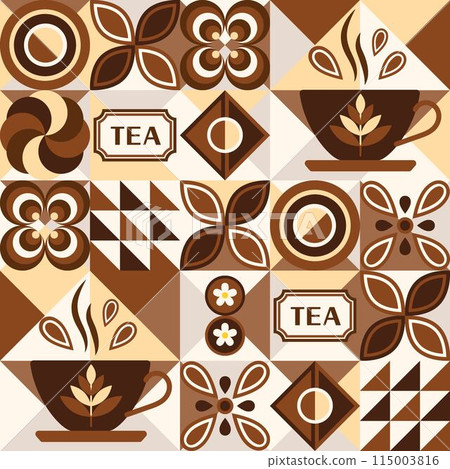 Pattern with icons for Black tea, design elements in simple geometric style. Seamless background with abstract shapes. For branding, decoration of food package, cover design, textile kitchen prints 115003816