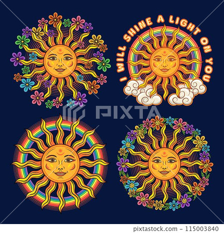 Summer compositions with sun with smiling face, chamomile flowers, text. Groovy, hippie, boho style for clothing, apparel, T-shirts, kids design. Vintage style illustration on dark background 115003840