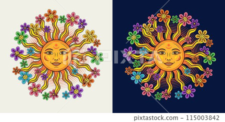 Circular label with sun with smiling face. Scattered around little chamomile flowers. Happy daisy like cartoon emoji character. Groovy hippie retro boho style for T-shirts, kids design 115003842