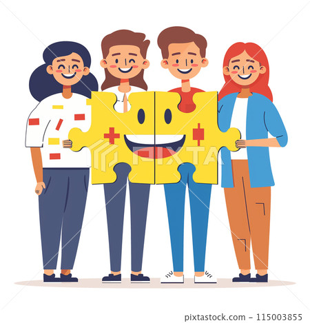 Young, Cheerful Employees Achieve Workplace Happiness Through Emotional Intelligence And Mental Wellbeing, Boosting Customer Satisfaction With Joyful Jigsaw Activity. 115003855