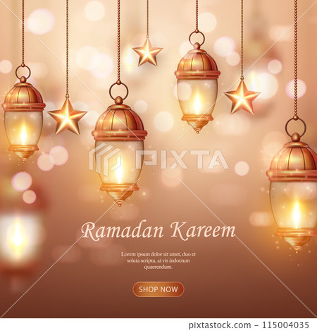 3D Islamic lantern star with blur bokeh background. suitable for Ramadan, Raya Hari, Eid al Adha Islamic holiday 115004035