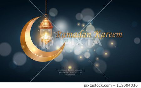 3D Islamic lantern and crescent moon with bokeh background. suitable for Ramadan, Raya Hari, Eid al Adha Islamic holiday 115004036