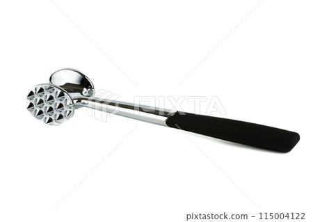 Chrome plated metal kitchen meat mallet with comfortable handle isolated on a white background. Chrome plated metal kitchen meat mallet with comfortable handle isolated on a white background. 115004122