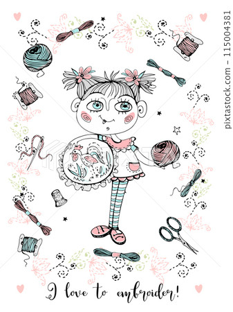 A cute needlewoman girl with embroidery. Accessories for needlework. Vector. A cute needlewoman girl with embroidery. Accessories for needlework. Vector. 115004381