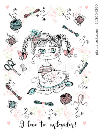 A cute needlewoman girl with embroidery. Accessories for needlework. Vector. 115004390