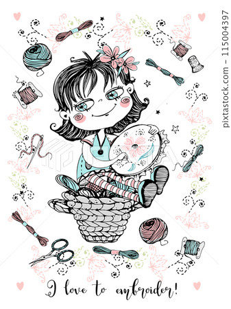 A cute needlewoman girl with embroidery. Accessories for needlework. Vector. A cute needlewoman girl with embroidery. Accessories for needlework. Vector. 115004397