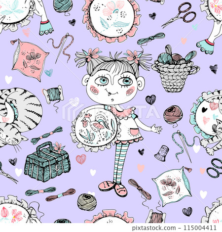 Seamless pattern on the embroidery theme. Needlework girls and embroidery accessories. Vector. 115004411