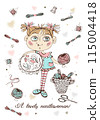 A cute girl embroiders on a hoop. Accessories for needlework. Vector. 115004418