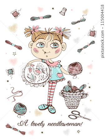 A cute girl embroiders on a hoop. Accessories for needlework. Vector. A cute girl embroiders on a hoop. Accessories for needlework. Vector. 115004418