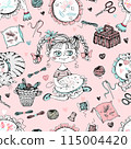 Seamless pattern on the embroidery theme. Needlework girls and embroidery accessories. Vector. 115004420