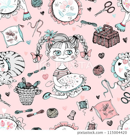 Seamless pattern on the embroidery theme. Needlework girls and embroidery accessories. Vector. 115004420