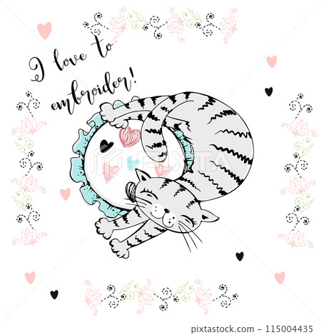 I love embroidery A postcard with a cat and embroidery. Vector. I love embroidery A postcard with a cat and embroidery. Vector. 115004435