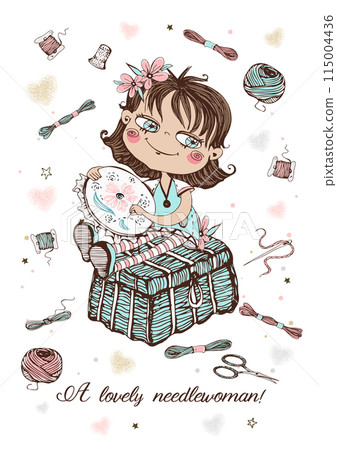 A cute girl embroiders on a hoop. Accessories for needlework. Vector. 115004436