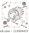 I love embroidery A postcard with a cat and embroidery. Vector. 115004437