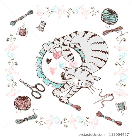 I love embroidery A postcard with a cat and embroidery. Vector. I love embroidery A postcard with a cat and embroidery. Vector. 115004437