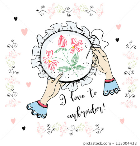 I love embroidery A handmade postcard. Vector. I love embroidery A handmade postcard. Vector. 115004438
