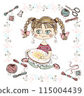 A cute girl is engaged in needlework and embroidery a beautiful pattern on a Hoop. Vector. 115004439