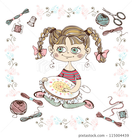 A cute girl is engaged in needlework and embroidery a beautiful pattern on a Hoop. Vector. A cute girl is engaged in needlework and embroidery a beautiful pattern on a Hoop. Vector. 115004439