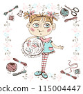 A cute needlewoman girl with embroidery. Accessories for needlework. Vector. 115004447