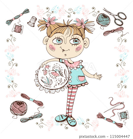 A cute needlewoman girl with embroidery. Accessories for needlework. Vector. A cute needlewoman girl with embroidery. Accessories for needlework. Vector. 115004447